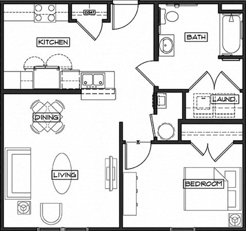 Floor plan for 1 bed, 1 bath, 725 sqft